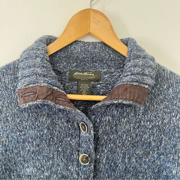 Eddie Bauer Blue Marled Elbow Patch Collared Wool Blend Cardigan Sweater - Picture 7 of 7